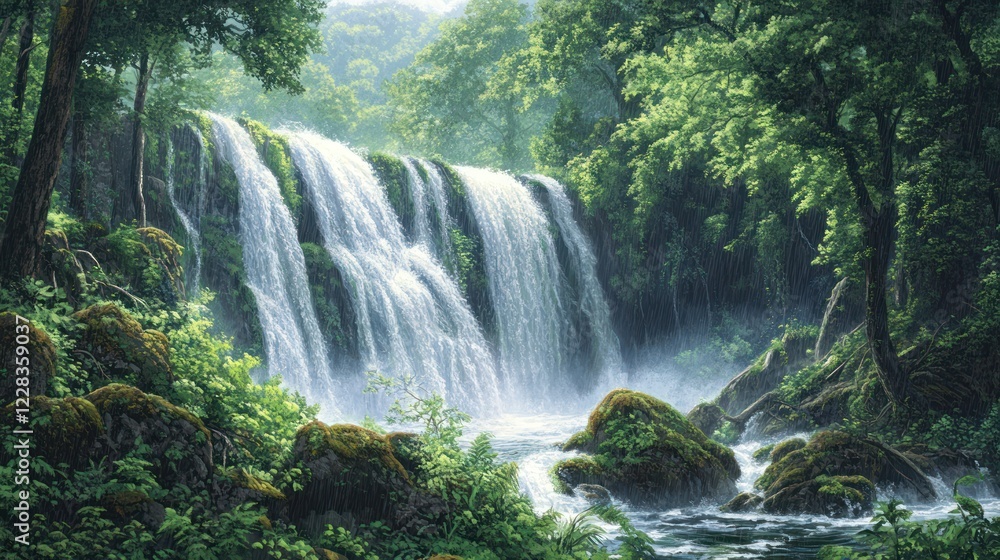 Lush Waterfall Cascades in Forest; Nature Scene Lush Waterfall Cascades in Forest; Nature Scene