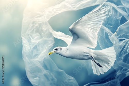 White Seagull Soaring Plastic Pollution Environmental Bird Flight Wildlife Nature Photography Ocean Conservation Ecology Image sky art blue hope wings photo