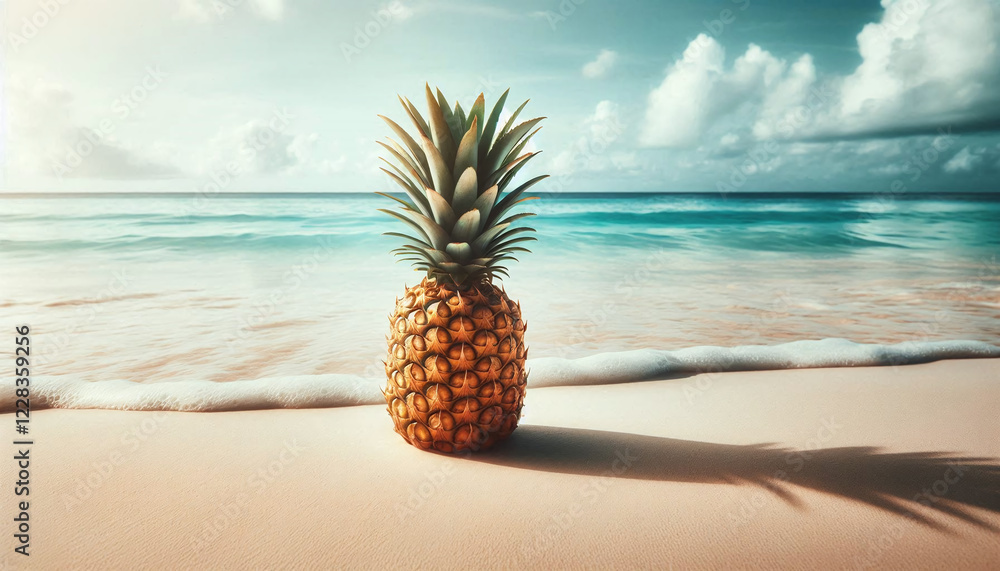 Tropical Pineapple on a Beach with Ocean View