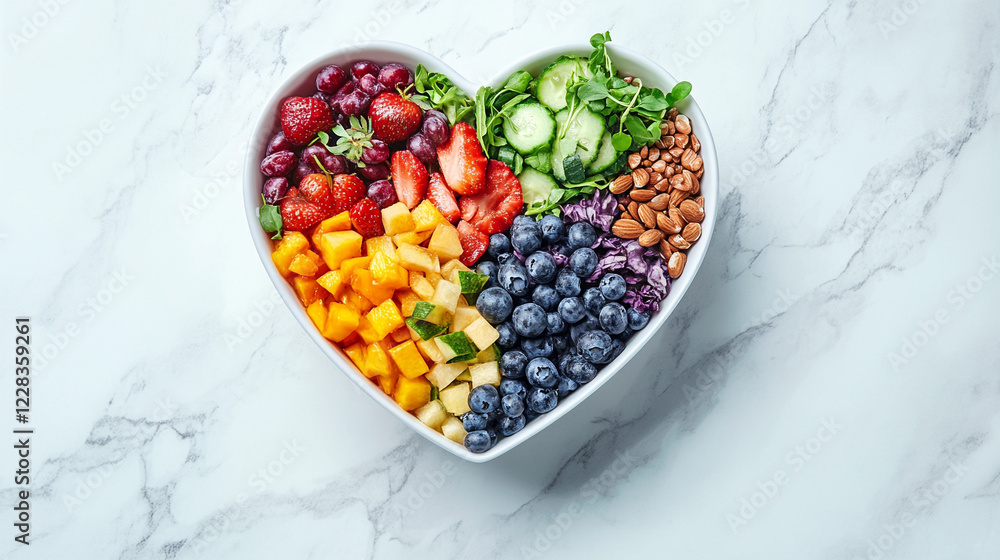 A heartshaped bowl filled with fresh fruits vegetables and whole grains symbolizes heart health and wellness set against a minimalistic bright background with blank space for text and modern appeal
A heartshaped bowl filled with fresh fruits vegetables and whole grains symbolizes heart health and wellness set against a minimalistic bright background with blank space for text and modern appeal