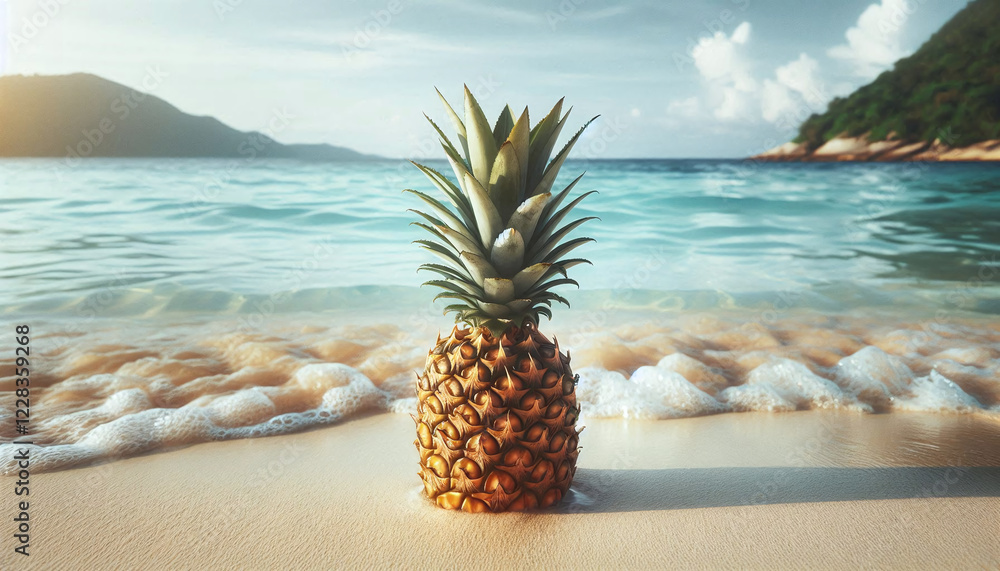 Tropical Pineapple on a Beach with Ocean View