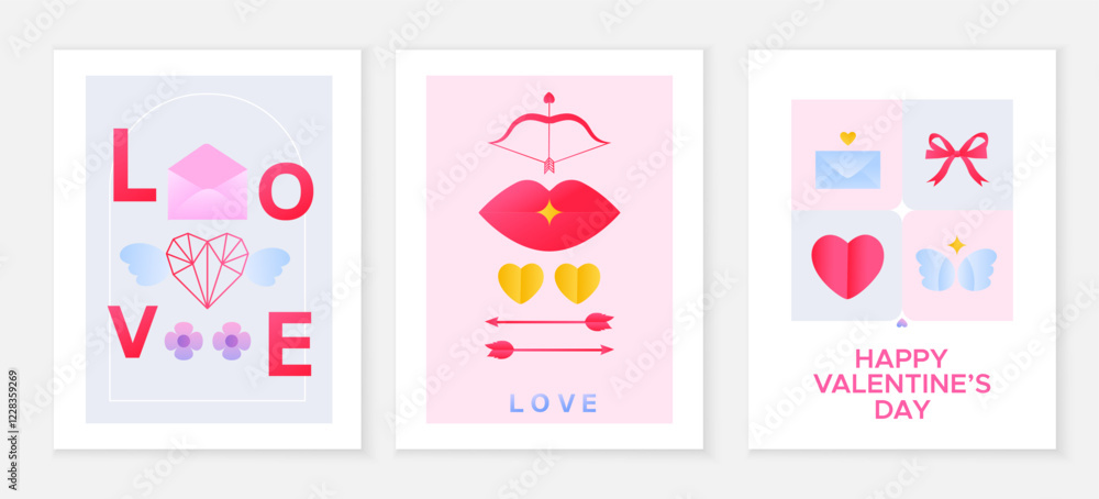 Valentine's Day set cards with minimalistic gradient symbols. Bright greeting backgrounds for the Valentine's Day. Valentine's Day set cards with minimalistic gradient symbols. Bright greeting backgrounds for the Valentine's Day.