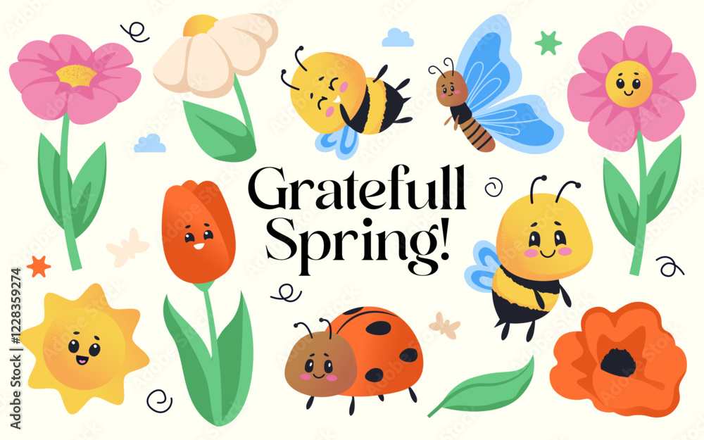 Fototapeta premium Grateful spring composition with cute colored doodle insects and flowers bloom characters set