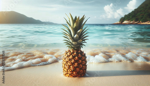 Obraz na płótnie Tropical Pineapple on a Beach with Ocean View w salonie