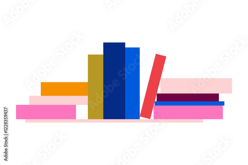 Colorful bookshelf illustration with stacked and leaning books in a modern, minimalistic style. Perfect for article, education, reading, stand library themes. Transparent PNG for easy use in designs.  photo