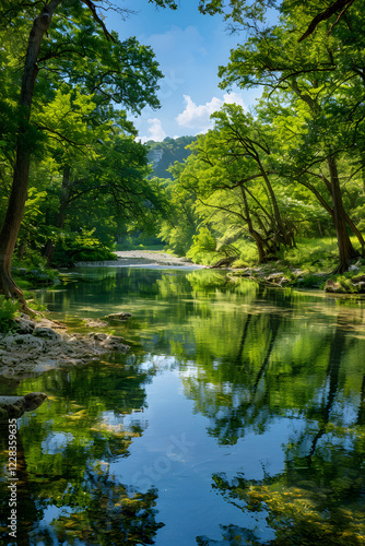 Tranquil River Amidst Lush Forests Reflecting Sky: A Serene Natural Landscape of Pure Wilderness