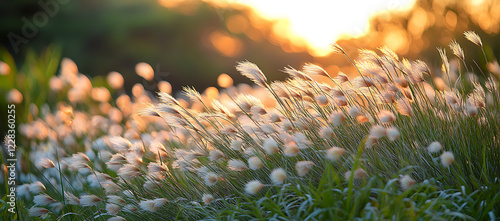 Selective and soft focus on grass flowers and wild plants swaying in the breeze and illuminated by a golden sunset Spring and summer season natural backdrop with copy space photo