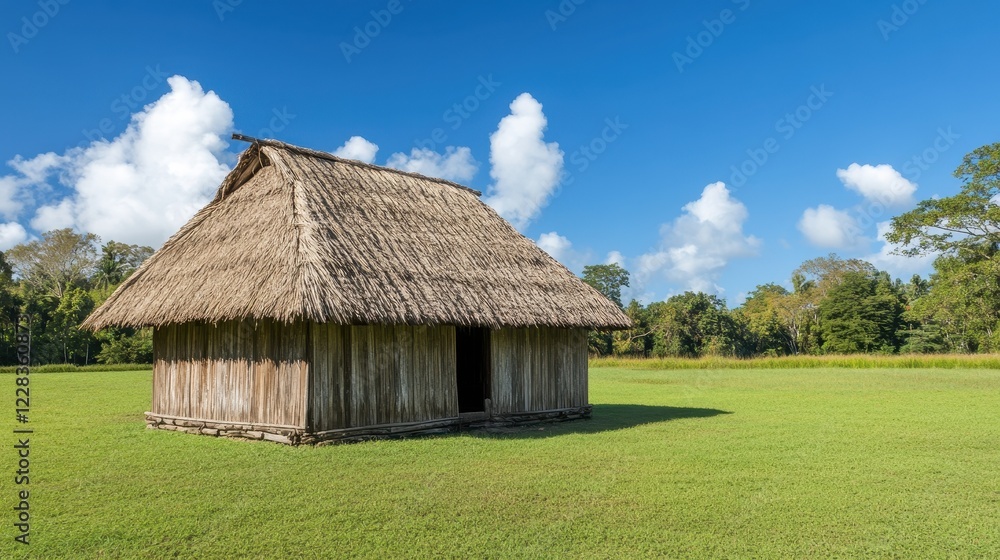 Obraz premium Thatched Roof Hut in a Lush Green Field Under a Blue Sky