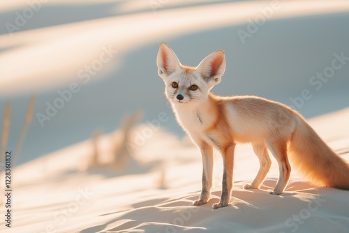 Fennec fox with large ears and a bushy tail is standing on a sand dune in a desert environment, illuminated by the soft light of either dawn or dusk, creating a serene and captivating scene photo