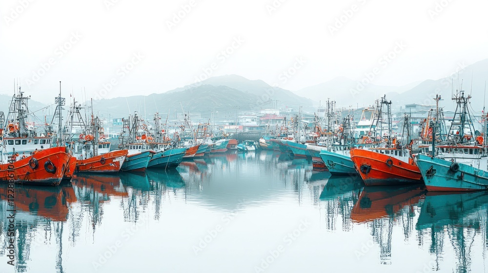 Fototapeta premium Fishing boats moored in misty harbor with mountain backdrop