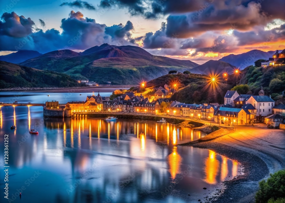 Fototapeta premium Stunning Night Photography of Barmouth, Wales: Coastal Town in Snowdonia National Park