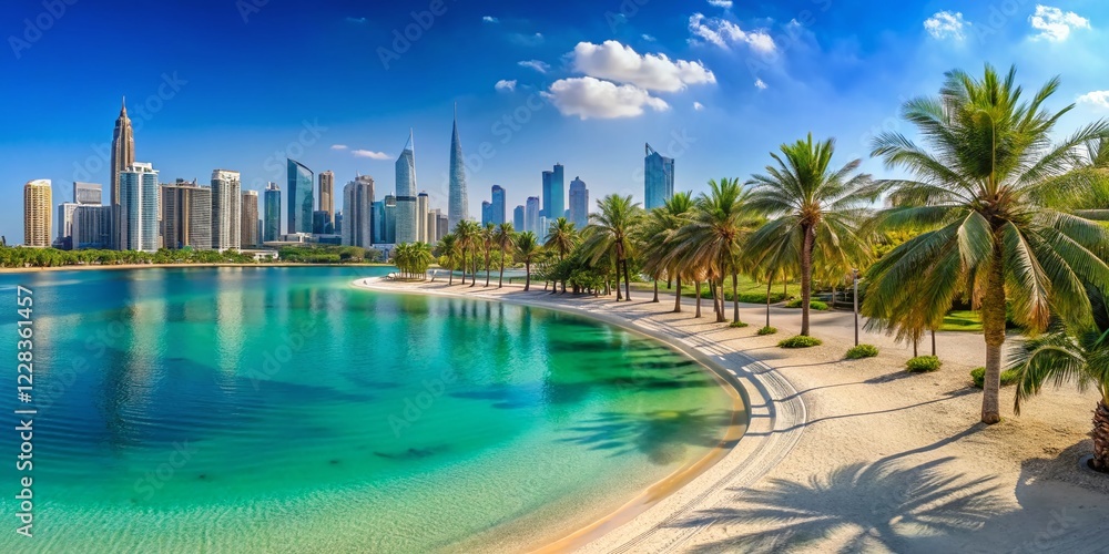 Obraz premium Stunning Panoramic View of Al Mamzar Beach, Dubai - Turquoise Waters & Golden Sands