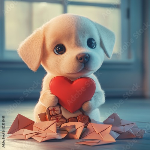 Cute dog with red heart for Valentine’s Day greeting card design