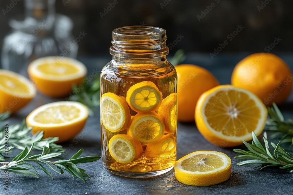 Refreshing Lemon Infused Water with Rosemary in Glass Bottle Refreshing Lemon Infused Water with Rosemary in Glass Bottle