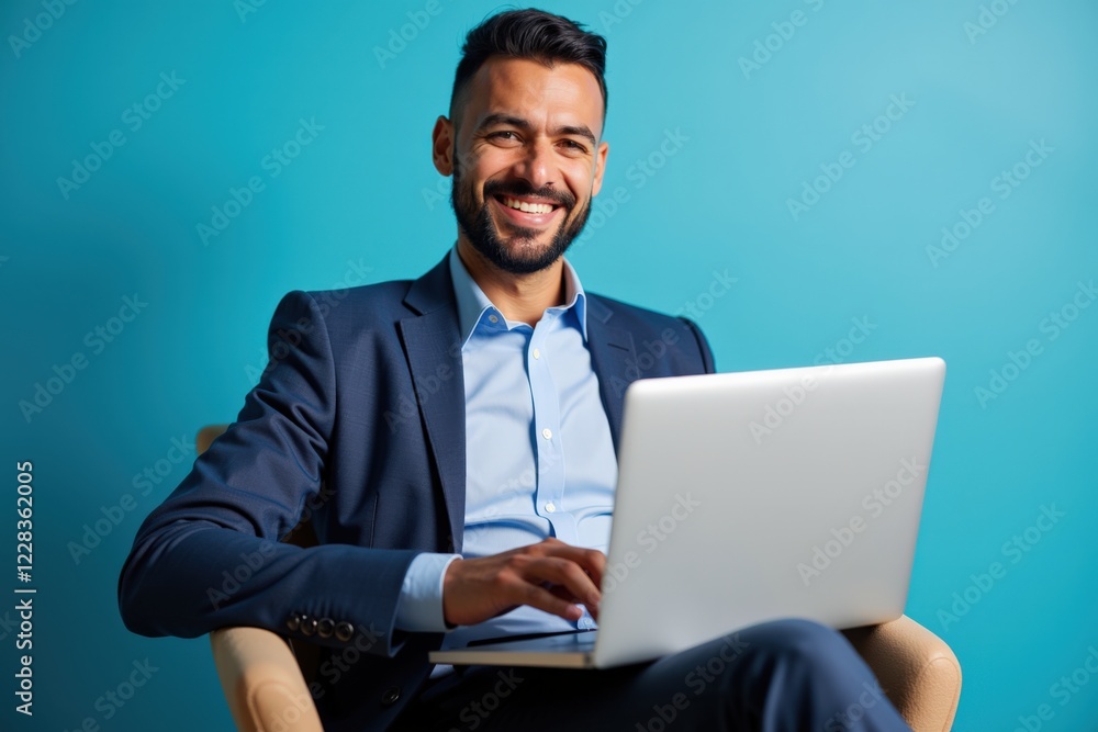 A Smiling Man in Formal Attire Working on a Laptop Against a Vibrant Blue Background, Exuding Confidence and Professionalism in a Modern Work Environment A Smiling Man in Formal Attire Working on a Laptop Against a Vibrant Blue Background, Exuding Confidence and Professionalism in a Modern Work Environment