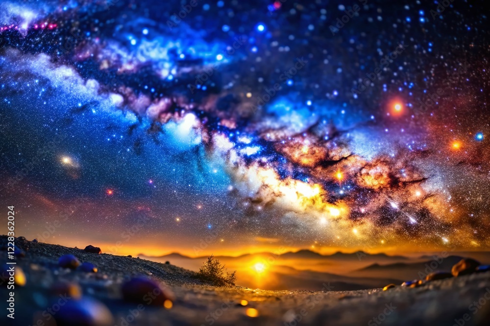 Fototapeta premium Stunning Tilt-Shift Milky Way Galaxy: Nebula Cosmos, Stardust, Deep Universe, Bright Stars