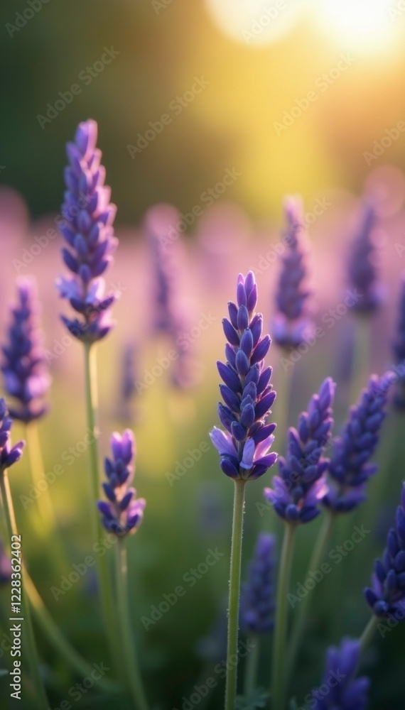 Naklejka premium Softly shining lavender flowers dance in the sunlight, , fields