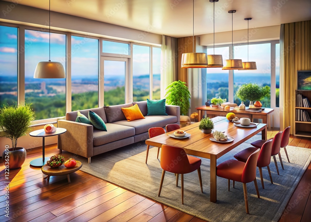 Fototapeta premium Stylish Living Room Interior with Panoramic Window, Dining Table & Cozy Seating - Tilt-Shift Photography