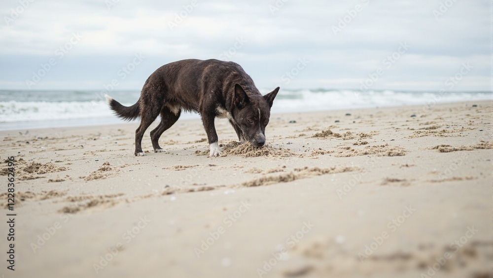 Playful dog digging in the sandy beach Playful dog digging in the sandy beach