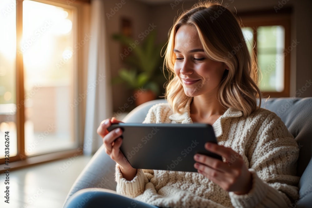 Young Woman Enjoying Leisure Time at Home While Watching Content on Her Tablet in a Warm, Inviting Living Room with Natural Light and Cozy Atmosphere Young Woman Enjoying Leisure Time at Home While Watching Content on Her Tablet in a Warm, Inviting Living Room with Natural Light and Cozy Atmosphere