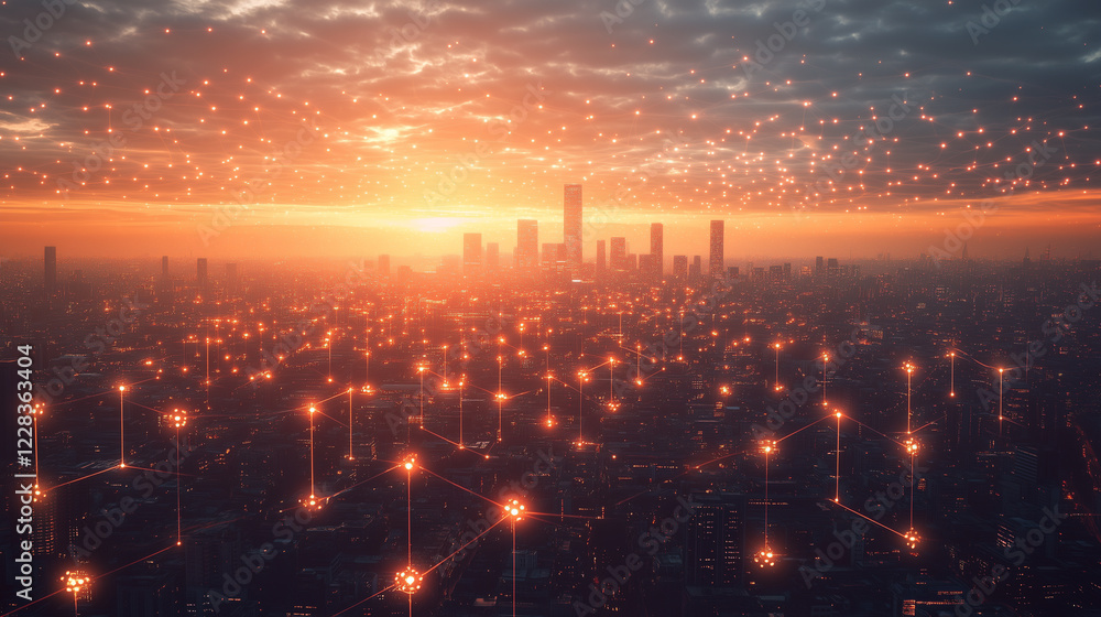 Fototapeta premium Vibrant sunset over a city skyline illuminated by digital connections and glowing lights