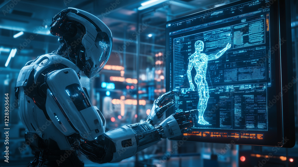 Fototapeta premium High-tech robot analyzing human anatomy data in futuristic laboratory at night