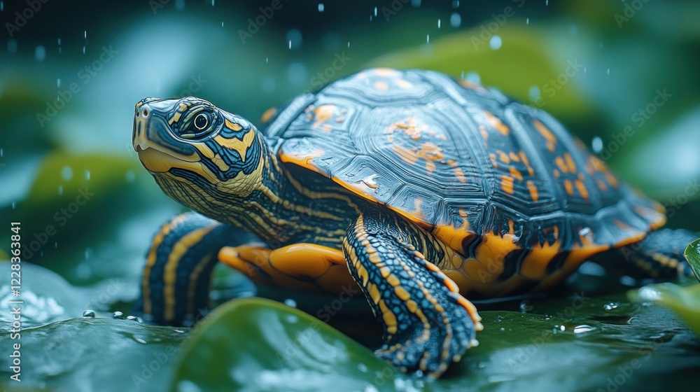 Close up of a turtle with a detailed shell resting on water under rain Close up of a turtle with a detailed shell resting on water under rain