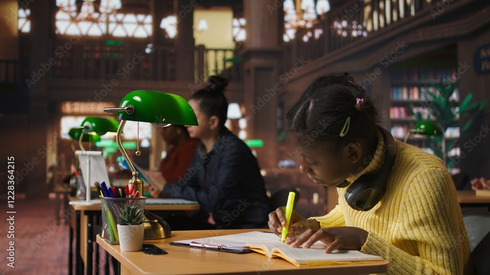 African american schoolgirl using fluorescent pen to highlight key words and phrases for her learning session, marking and underlining important class notes. Scholar prepares for exams. Camera A. African american schoolgirl using fluorescent pen to highlight key words and phrases for her learning session, marking and underlining important class notes. Scholar prepares for exams. Camera A.