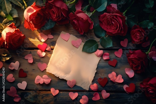 A blank parchment paper surrounded by red roses and heart-shaped decorations on a wooden surface.