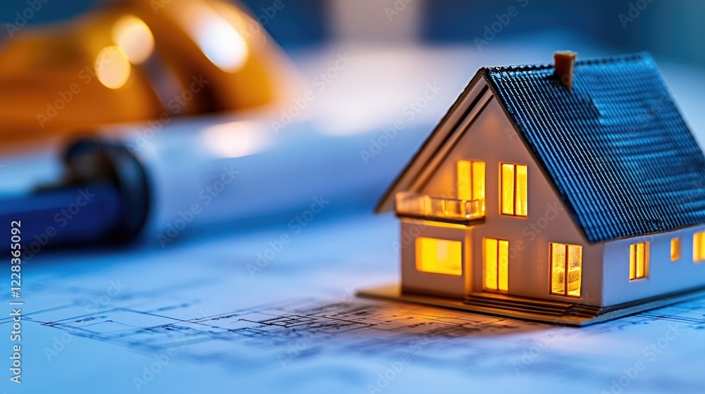 Illuminated house model on blueprints, construction planning, night Illuminated house model on blueprints, construction planning, night