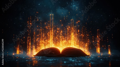 Glowing book, magic sparks, dark space, fantasy, cover photo