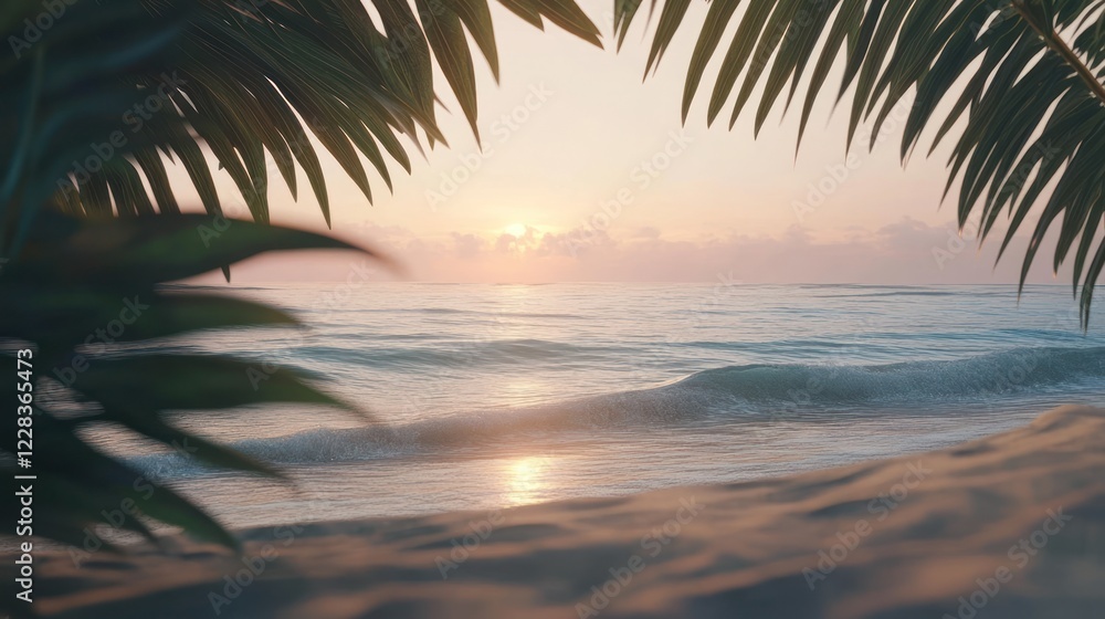 Fototapeta premium Tranquil Sunrise Beachscape: Palm Fronds Framing a Serene Ocean at Dawn