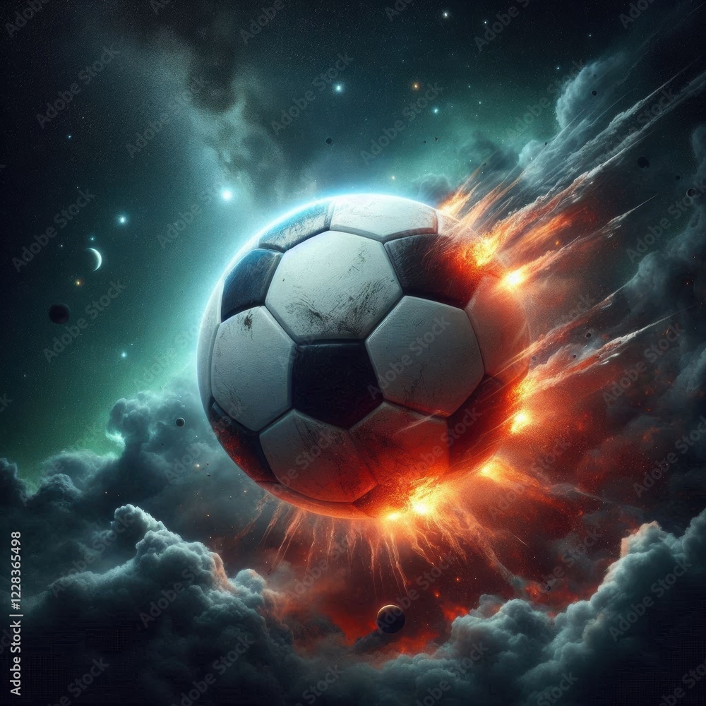 Naklejka premium a photo realistic soccer ball as a planet in space with smoke and explosions, digital art