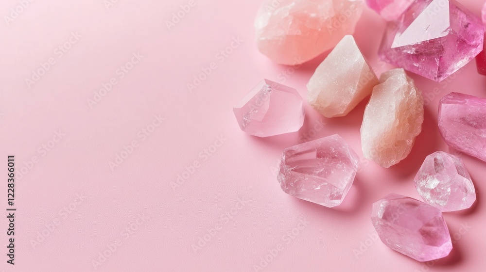 Aesthetic pink and clear crystals displayed on surface Aesthetic pink and clear crystals displayed on surface