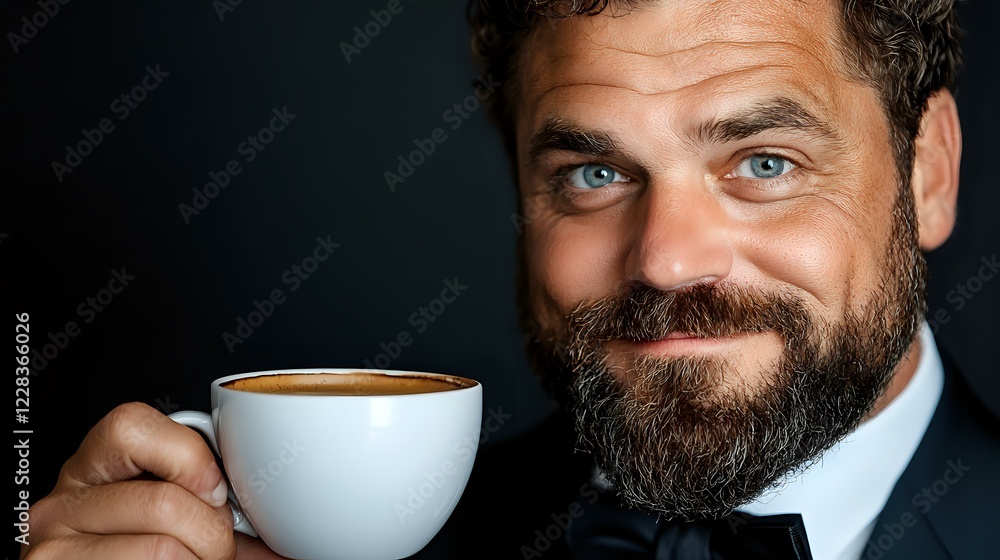 Bearded businessman in formal suit holding white coffee cup with latte art, smiling confidently against dark background. Professional portrait for cafe or business concept. Bearded businessman in formal suit holding white coffee cup with latte art, smiling confidently against dark background. Professional portrait for cafe or business concept.