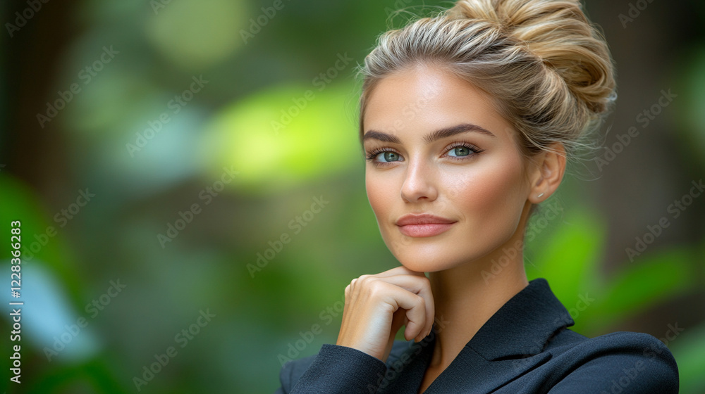 A businesswoman stands in a lush green park viewed from behind symbolizing eco-conscious leadership balance between career and nature sustainability minimalism modern design blank caption space on the