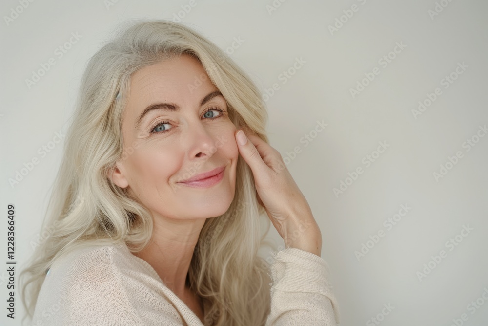 A gracefully stylish mature woman, exuding confidence and timeless beauty with elegant grey hair, embodies contentment in a serene manner, radiating an aura of authenticity and calmness A gracefully stylish mature woman, exuding confidence and timeless beauty with elegant grey hair, embodies contentment in a serene manner, radiating an aura of authenticity and calmness