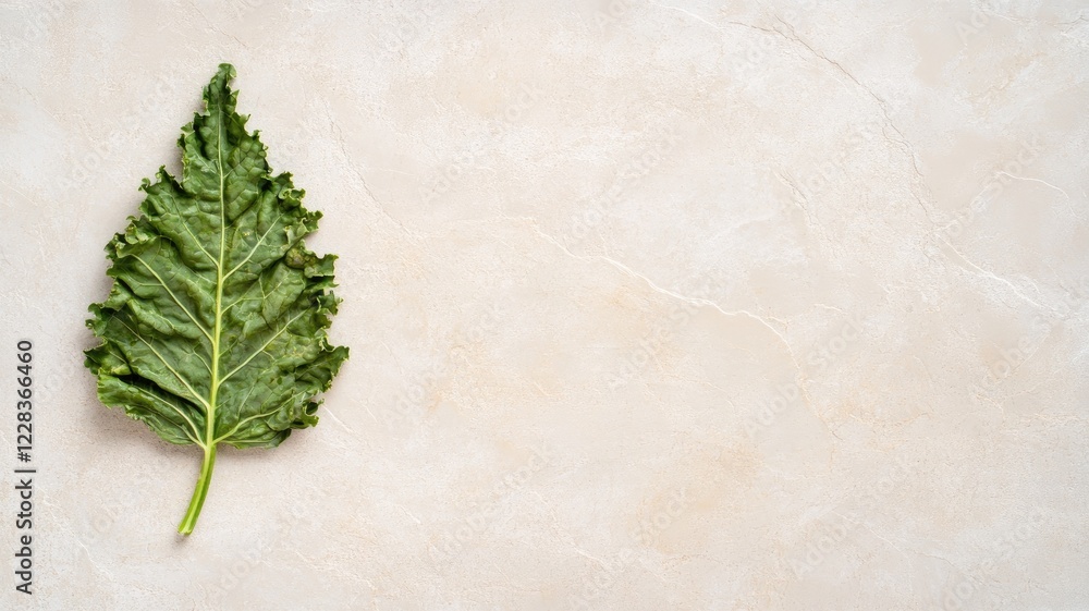Fototapeta premium Single green kale leaf on light beige background