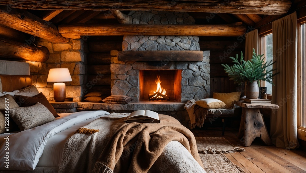 Bedroom with fireplace in a chalet Bedroom with fireplace in a chalet
