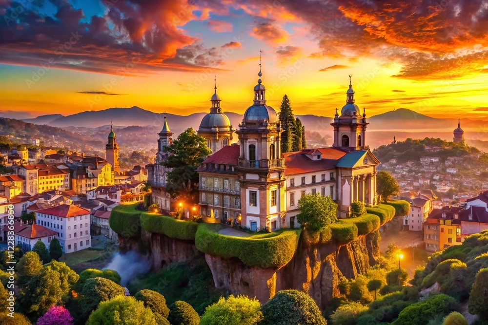 Obraz premium Surreal Braga Cityscape: Floating Buildings & Dreamlike Sky