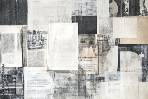 Vintage newspaper clippings overlapping each other create a textured and historical collage of printed media from a bygone era. Generative AI photo