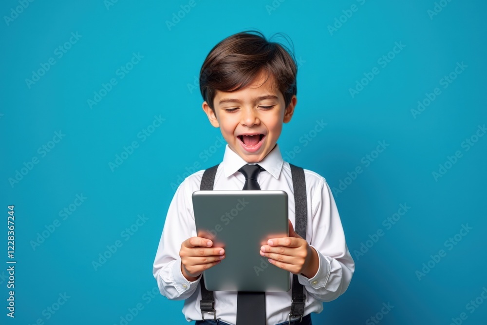 A Young Boy in Formal Attire Excitedly Engaging with a Tablet Against a Bright Blue Background, Showcasing the Joy of Learning Through Technology A Young Boy in Formal Attire Excitedly Engaging with a Tablet Against a Bright Blue Background, Showcasing the Joy of Learning Through Technology