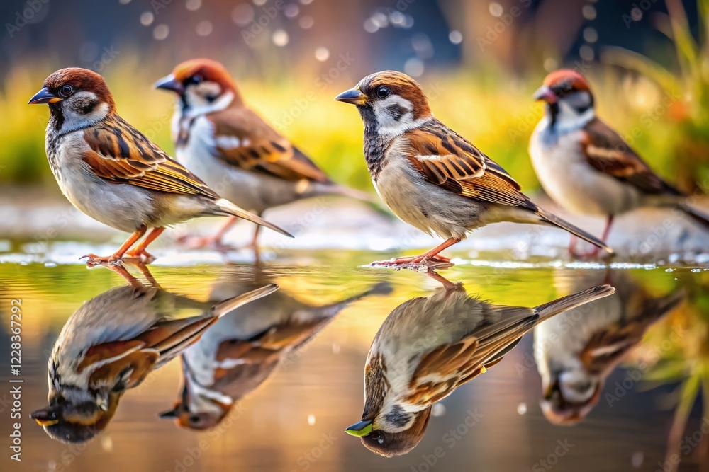 Fototapeta premium Surreal Close-Up of Sparrows in a Puddle - Wet Ground, Nature Photography