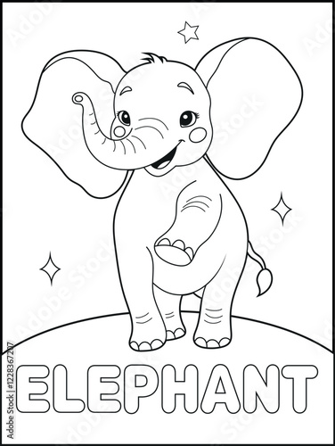E is for elephant. Coloring pages for kids. Children's coloring books with cute elephant cartoon character, fun and educational materials for kindergarten. spelling activity sheet for early learners.
