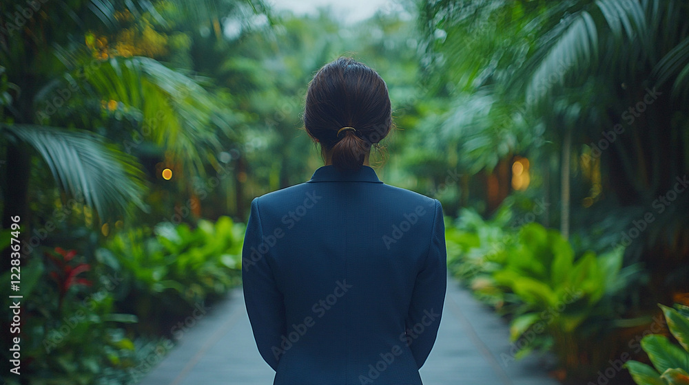 A businesswoman stands in a lush green park viewed from behind symbolizing eco-conscious leadership balance between career and nature sustainability minimalism modern design blank caption space on the A businesswoman stands in a lush green park viewed from behind symbolizing eco-conscious leadership balance between career and nature sustainability minimalism modern design blank caption space on the