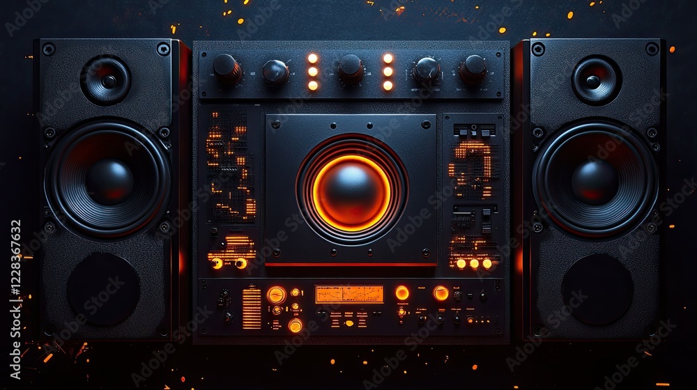 Fototapeta premium Futuristic Audio System: High-Tech Stereo Speakers and Amplifier with Orange Glow
