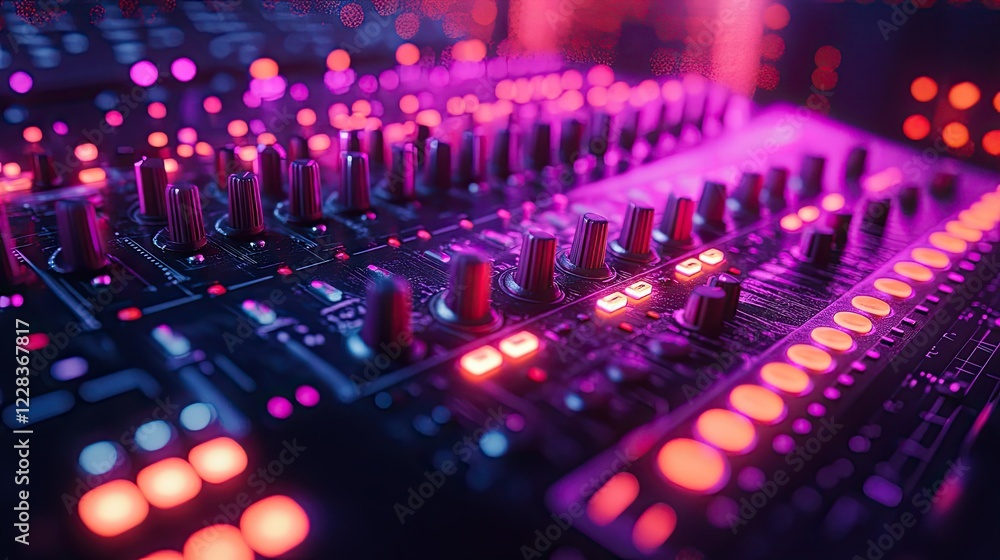 Fototapeta premium Vibrant Soundscape: A Close-Up of a Music Mixer's Illuminated Controls