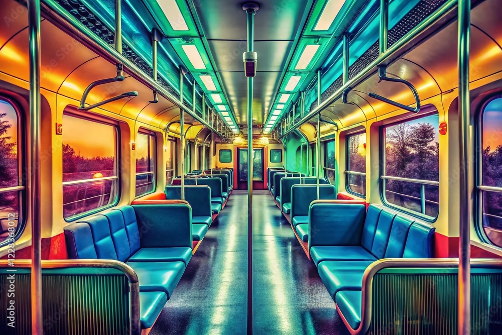 Surreal Empty Electric Train Interior: Passengers Seats, Handrails, Overhead, Public Transport Surreal Empty Electric Train Interior: Passengers Seats, Handrails, Overhead, Public Transport