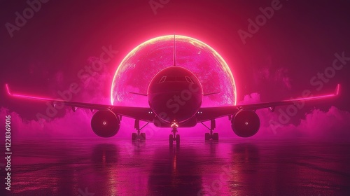 Airplane on runway at night, pink neon glow, large moon.