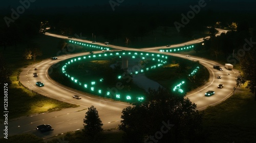 Night aerial view of a cloverleaf interchange with glowing lights. photo